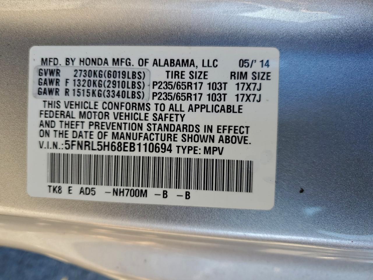 2014 Honda Odyssey Exl VIN: 5FNRL5H68EB110694 Lot: 95742415