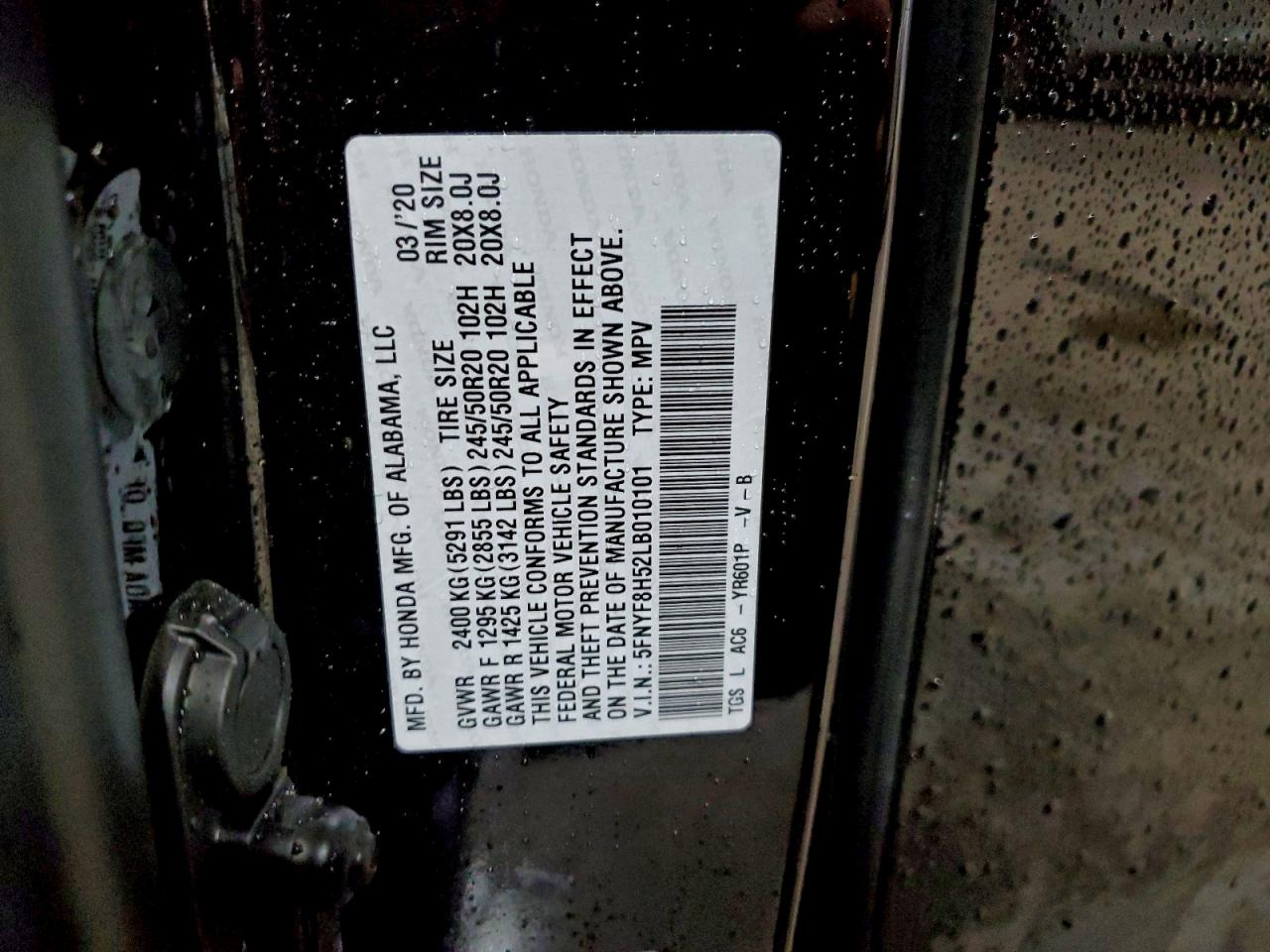 2020 Honda Passport Exl VIN: 5FNYF8H52LB010101 Lot: 95395585