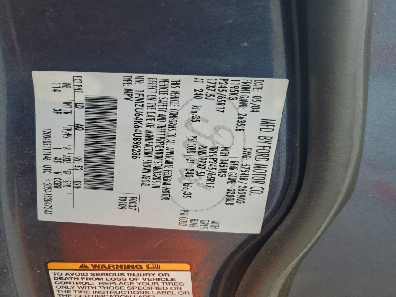 2004 Ford Explorer Eddie Bauer VIN: 1FMZU64K64UB96286 Lot: 94178305