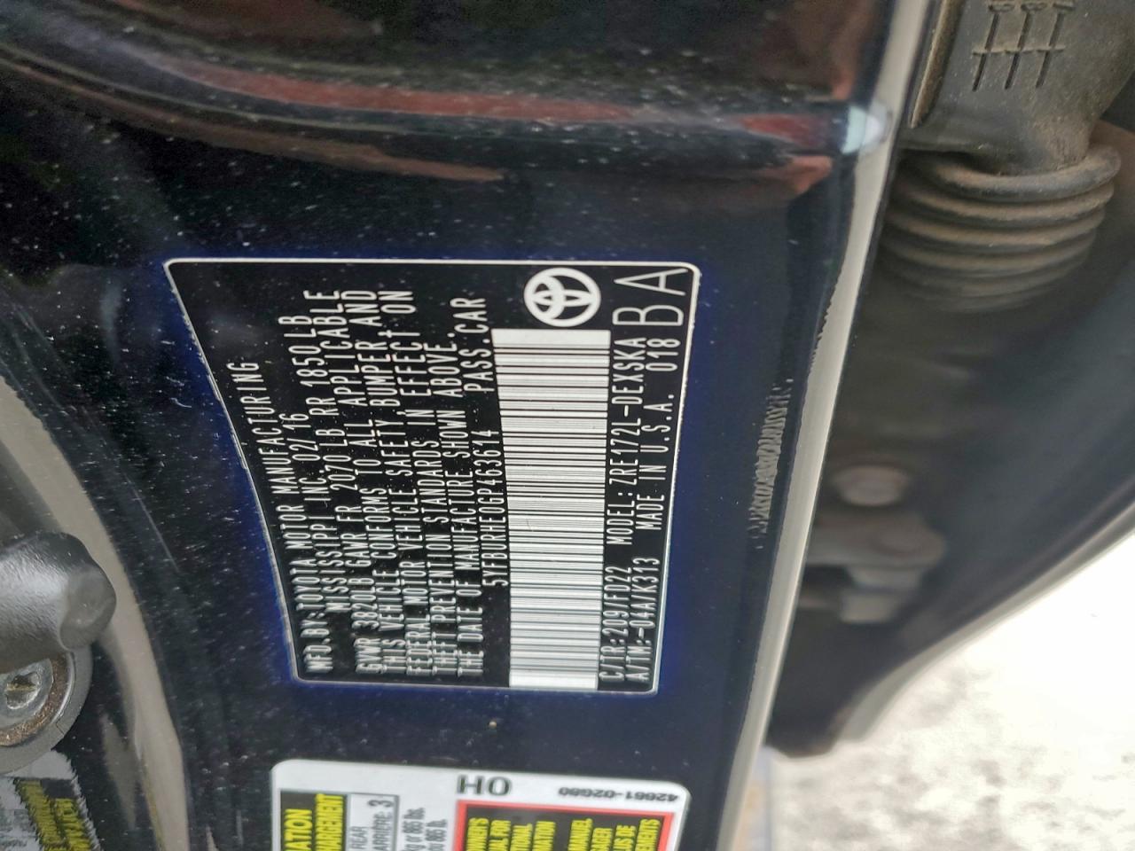 2016 Toyota Corolla L VIN: 5YFBURHE0GP463614 Lot: 95462495