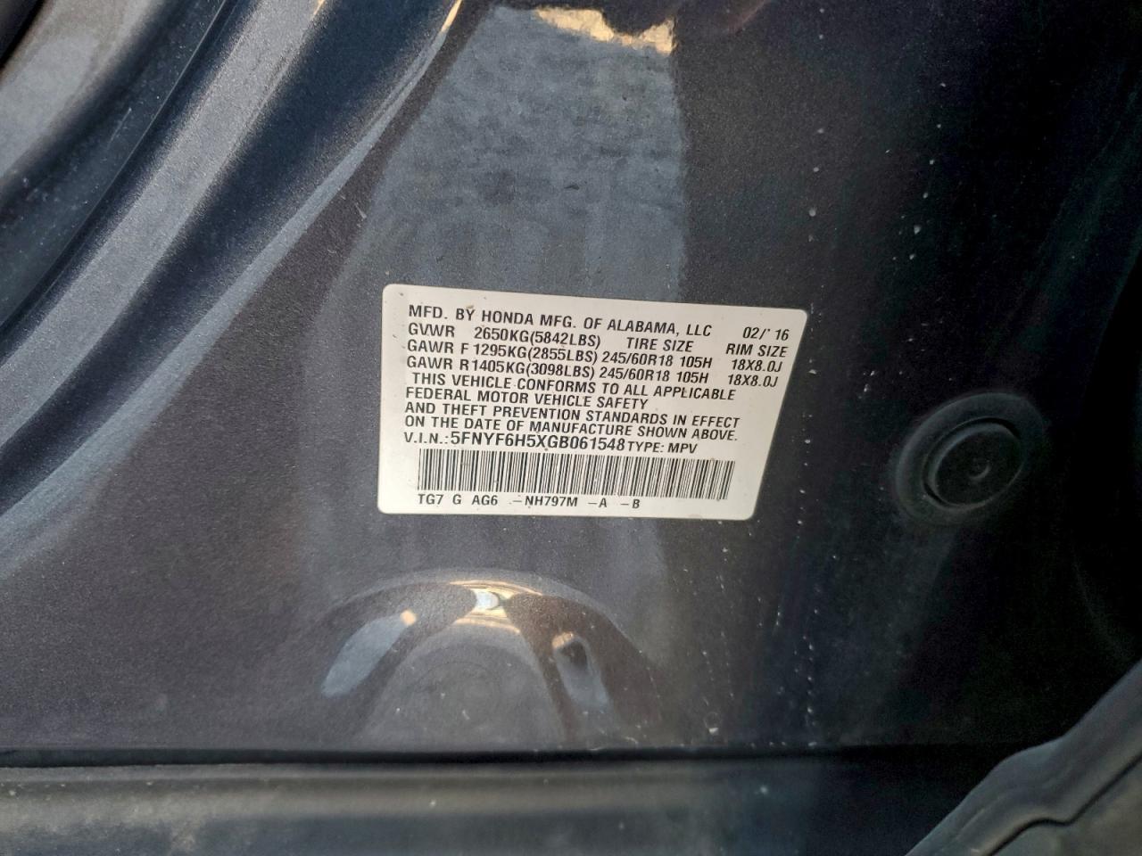 2016 Honda Pilot Exl VIN: 5FNYF6H5XGB061548 Lot: 95756095