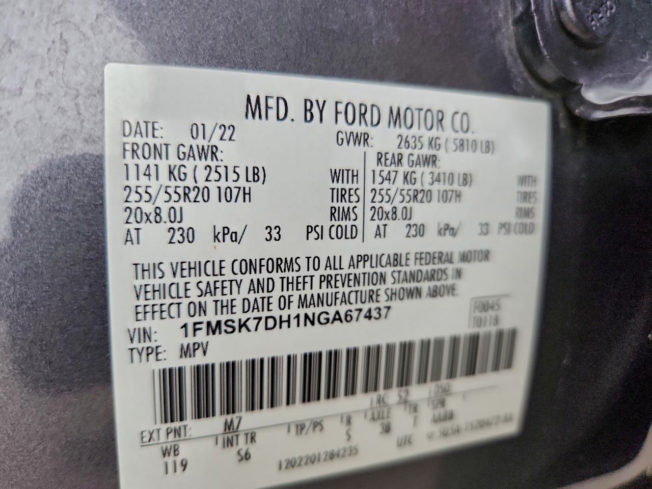 2022 Ford Explorer Xlt VIN: 1FMSK7DH1NGA67437 Lot: 97243635