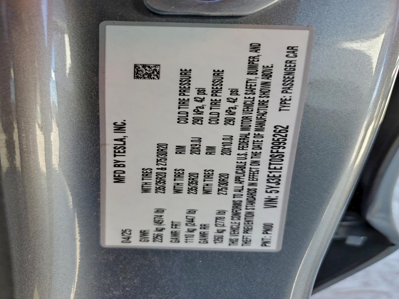 2025 Tesla Model 3 VIN: 5YJ3E1ET0SF995262 Lot: 95864885