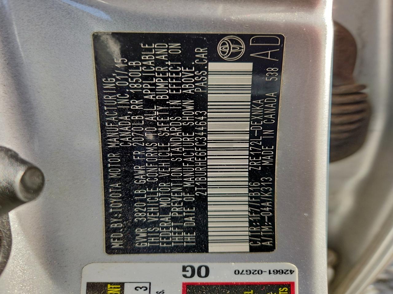 2015 Toyota Corolla L VIN: 2T1BURHE6FC344643 Lot: 94582895