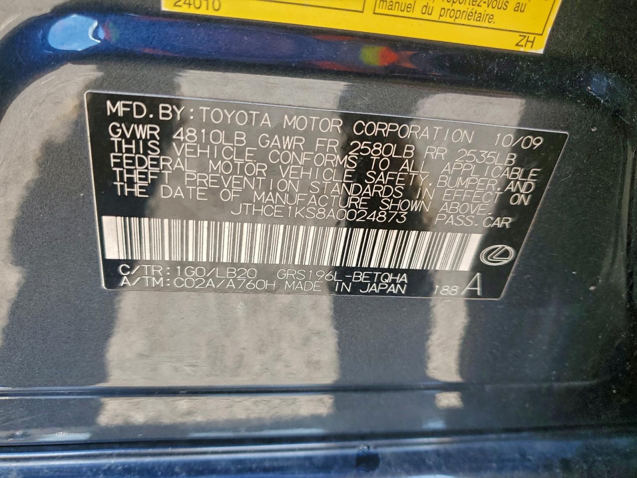 2010 Lexus Gs 350 VIN: JTHCE1KS8A0024873 Lot: 92141965