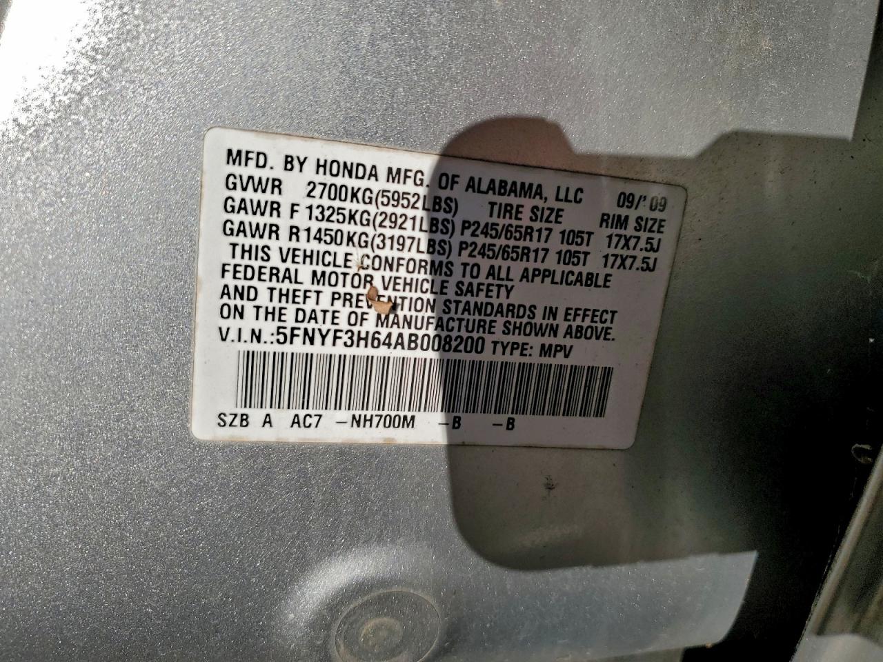 2010 Honda Pilot Exl VIN: 5FNYF3H64AB008200 Lot: 96356195