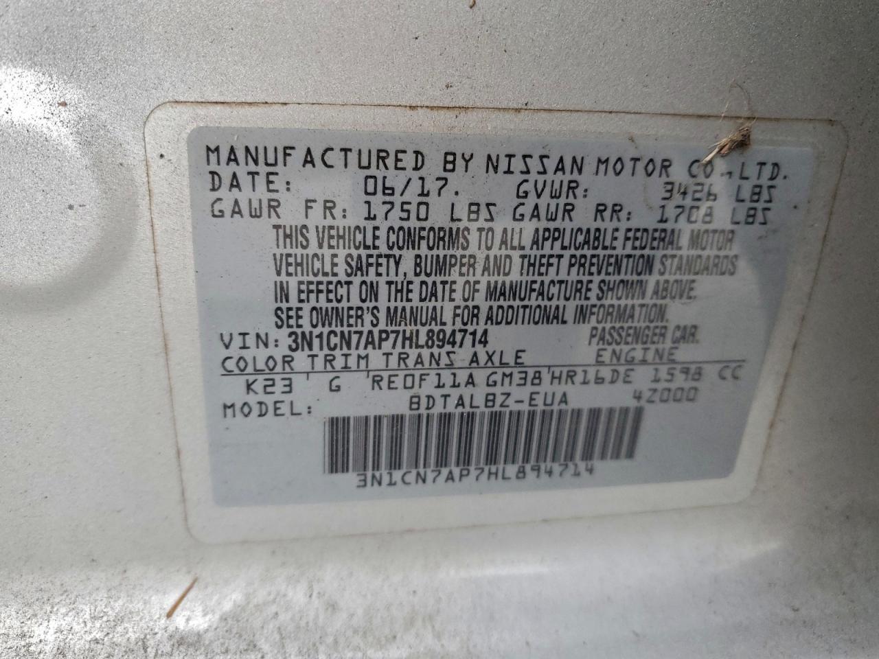 2017 Nissan Versa S VIN: 3N1CN7AP7HL894714 Lot: 97158225