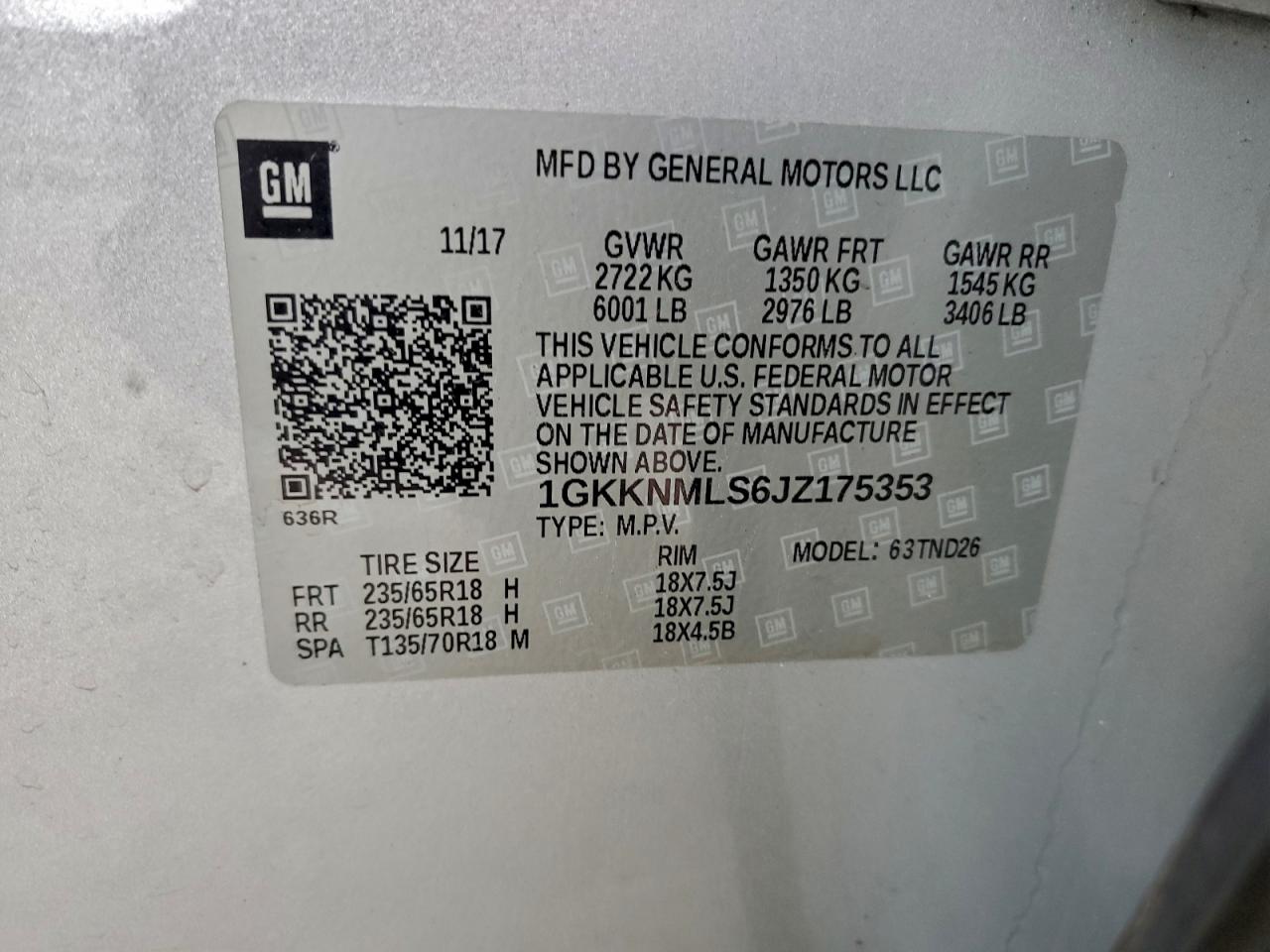 2018 GMC Acadia Slt-1 VIN: 1GKKNMLS6JZ175353 Lot: 93749885