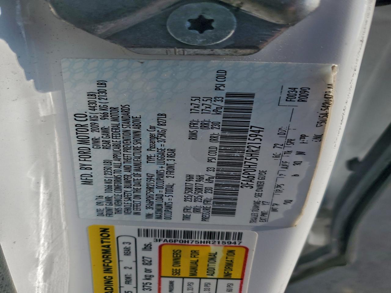 2017 Ford Fusion Se VIN: 3FA6P0H75HR215947 Lot: 94299425