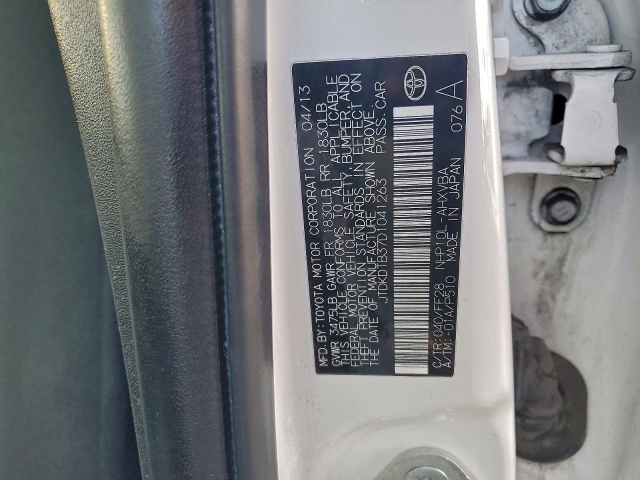 2013 Toyota Prius C VIN: JTDKDTB37D1041263 Lot: 96565065