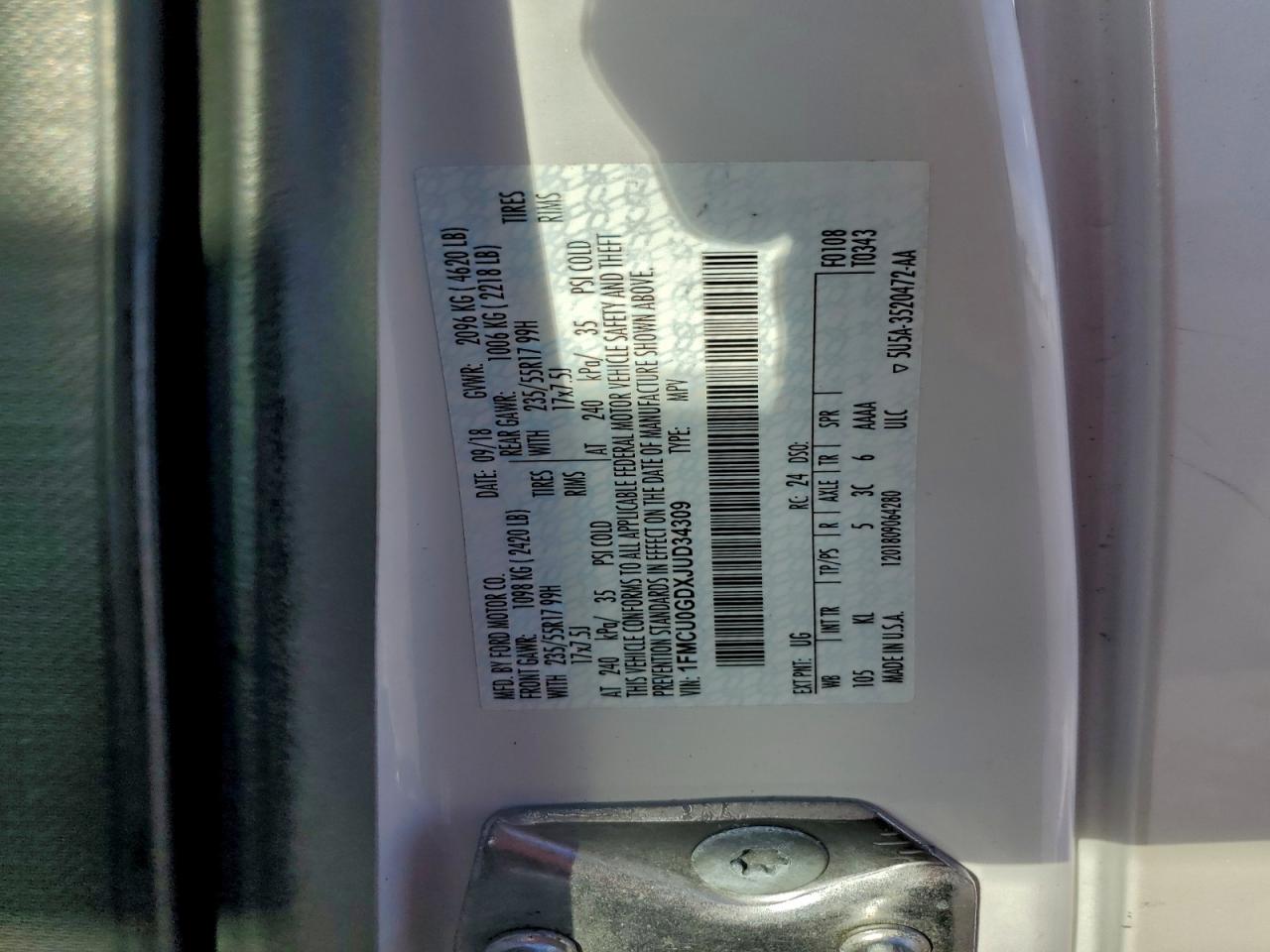 2018 Ford Escape Se VIN: 1FMCU0GDXJUD34309 Lot: 94479575