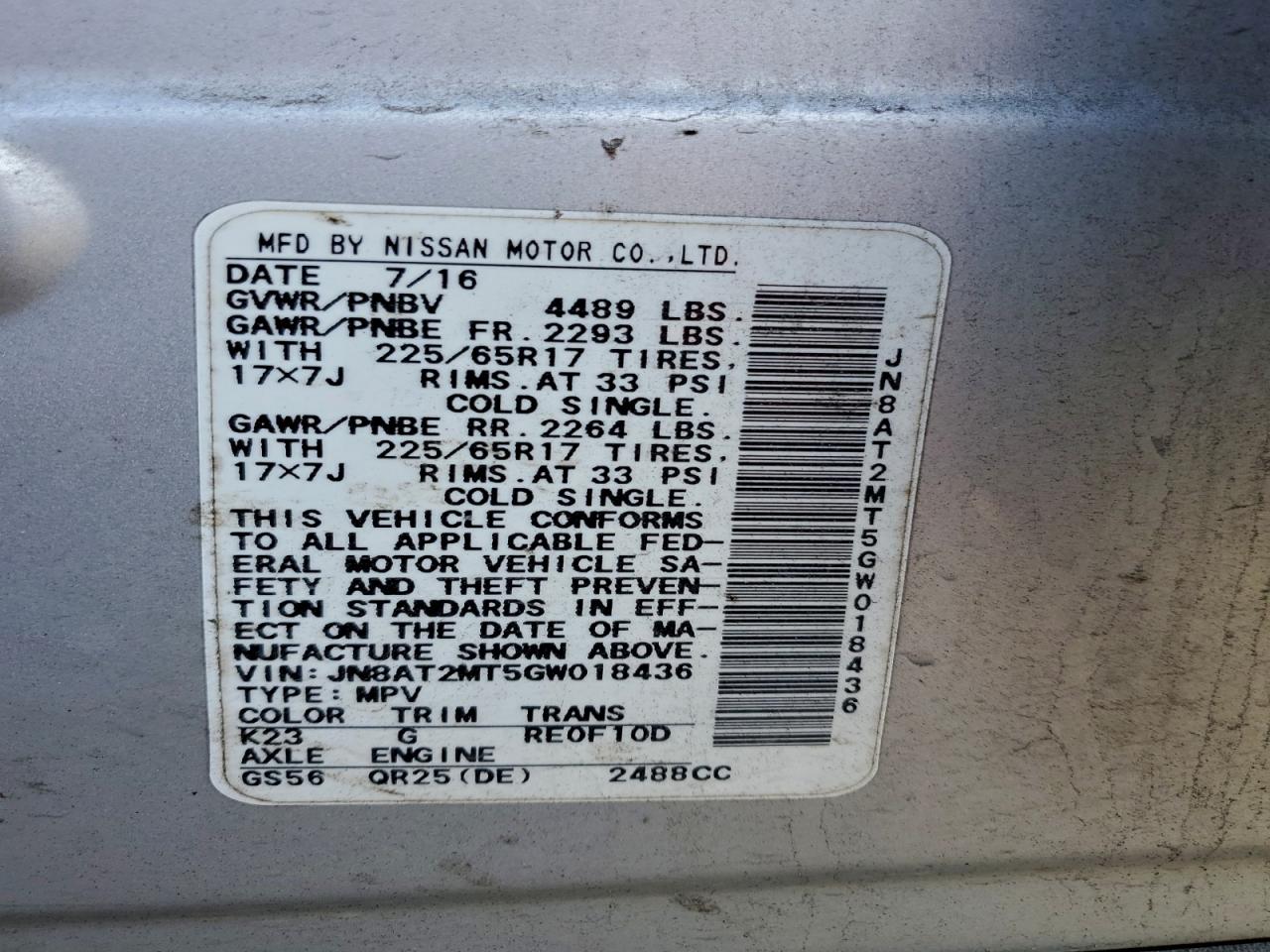 2016 Nissan Rogue S VIN: JN8AT2MT5GW018436 Lot: 96763755