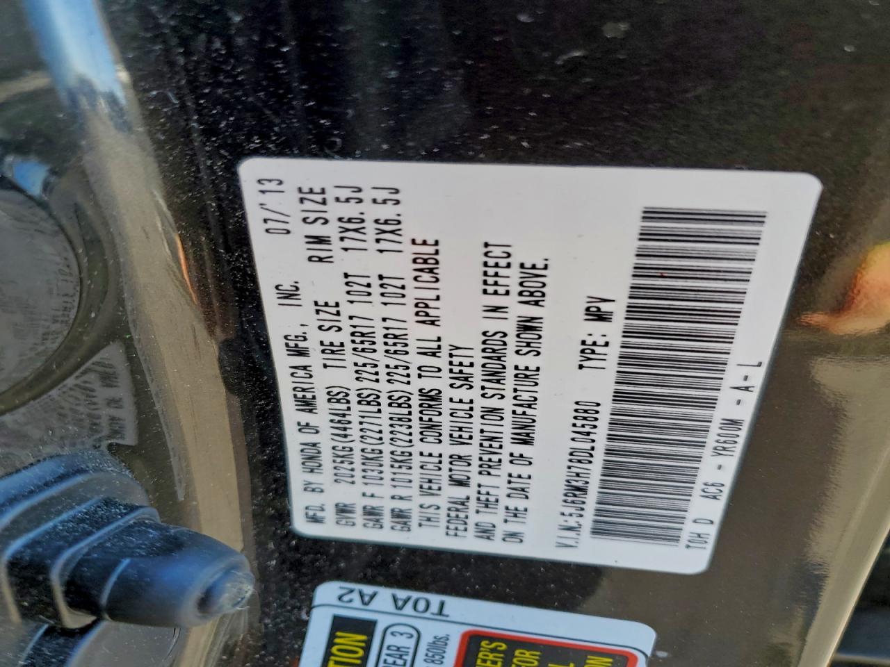 2013 Honda Cr-V Exl VIN: 5J6RM3H78DL045880 Lot: 93897425