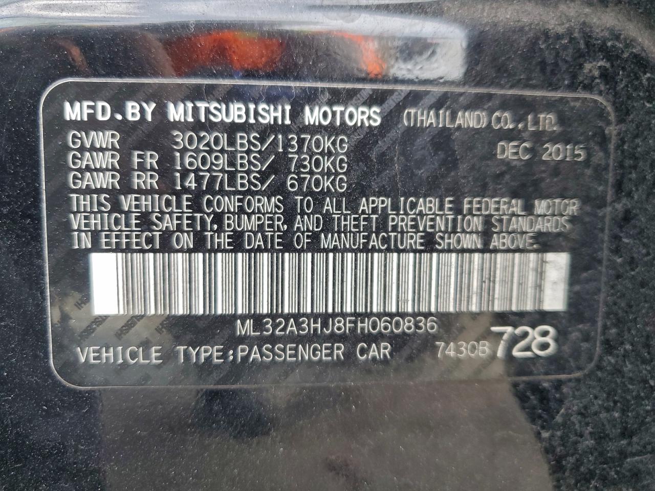 2015 Mitsubishi Mirage De VIN: ML32A3HJ8FH060836 Lot: 94731865
