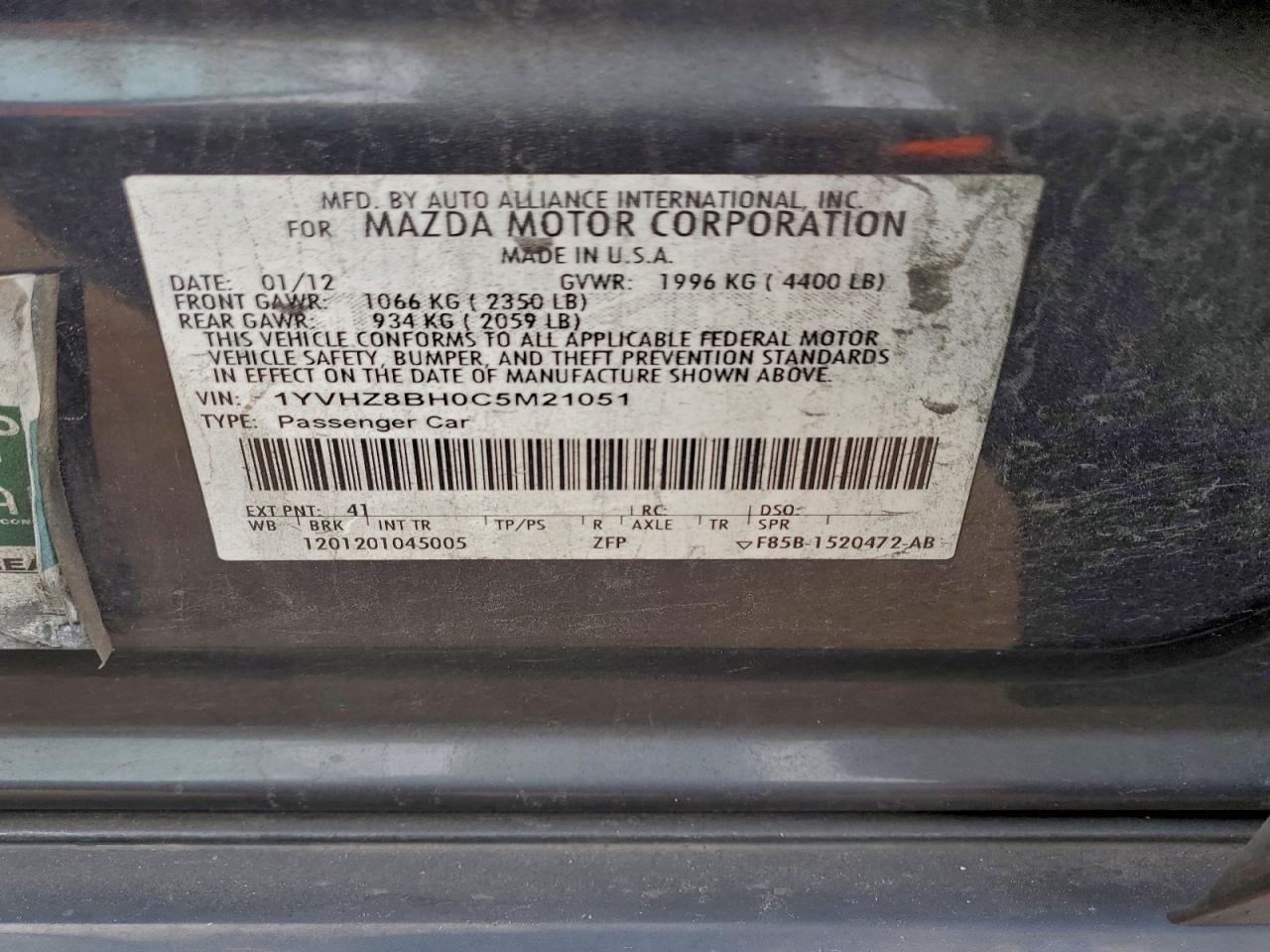 2012 Mazda 6 I VIN: 1YVHZ8BH0C5M21051 Lot: 95102985