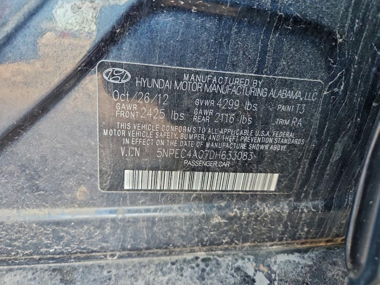 2013 Hyundai Sonata Se VIN: 5NPEC4AC7DH633083 Lot: 95994305