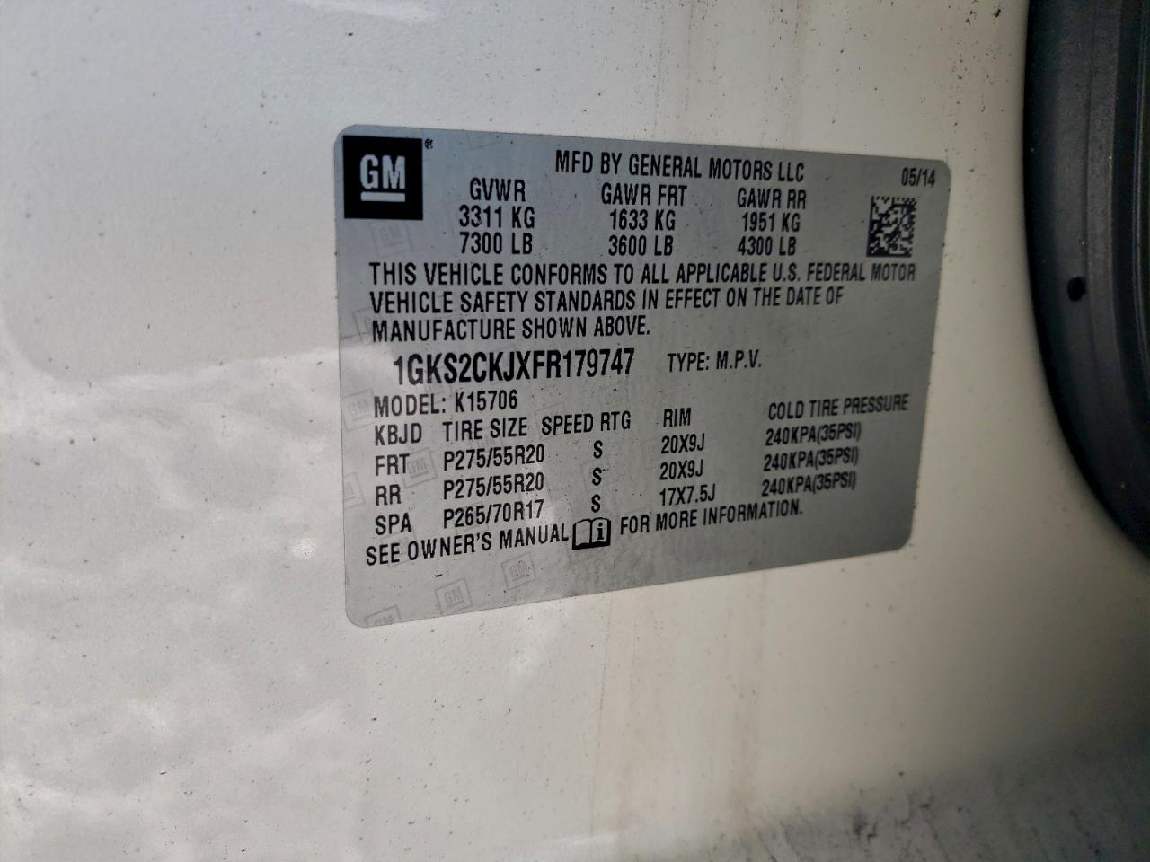 2015 GMC Yukon Denali VIN: 1GKS2CKJXFR179747 Lot: 97118495