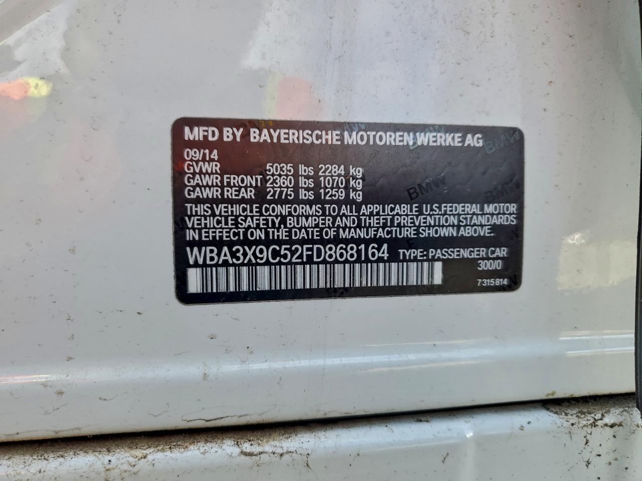 2015 BMW 335 Xigt VIN: WBA3X9C52FD868164 Lot: 95199015