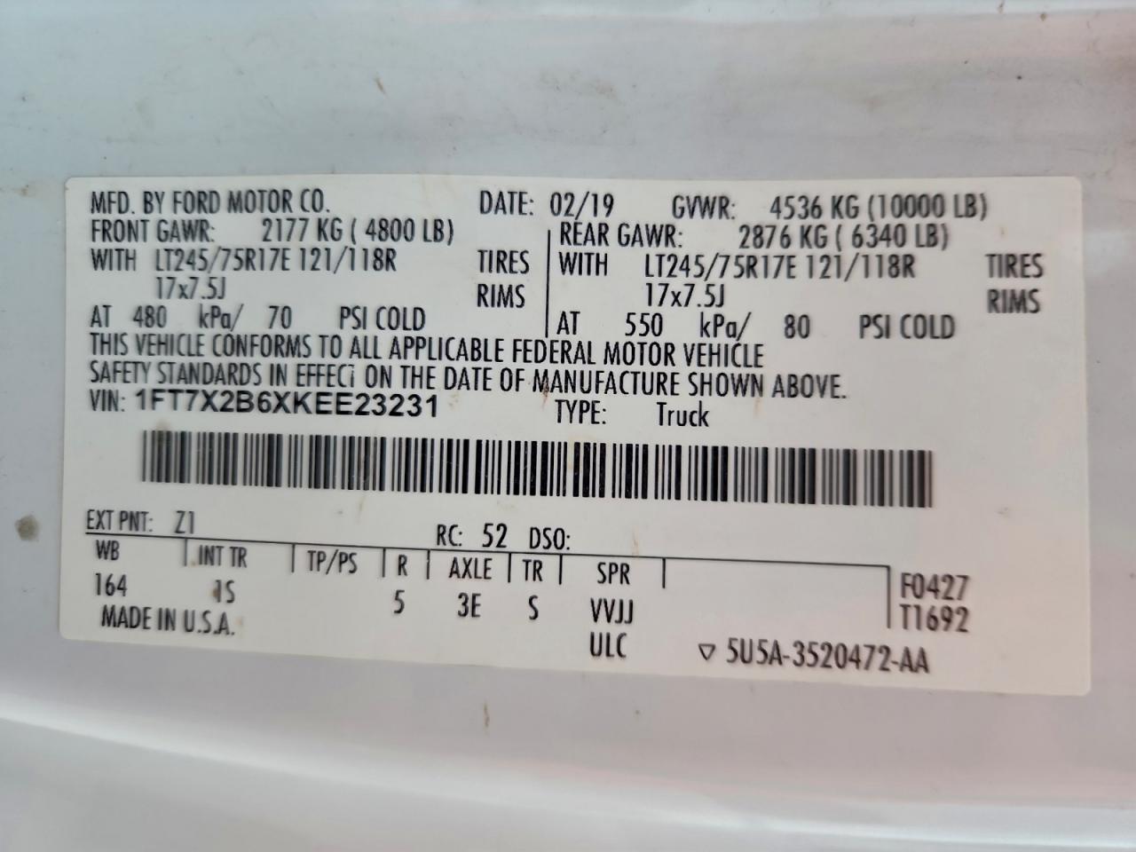 2019 Ford F250 Super Duty VIN: 1FT7X2B6XKEE23231 Lot: 96590455