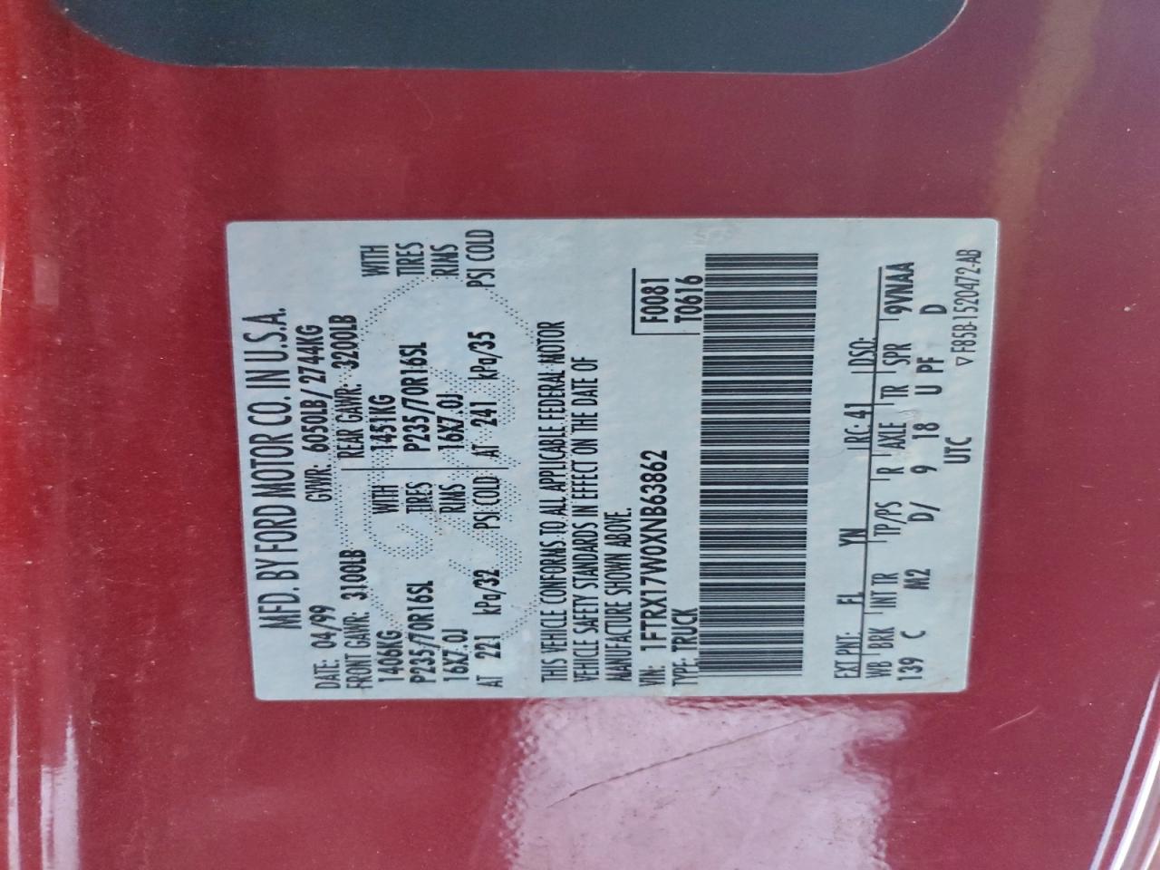 1999 Ford F150 VIN: 1FTRX17W0XNB63862 Lot: 95139655