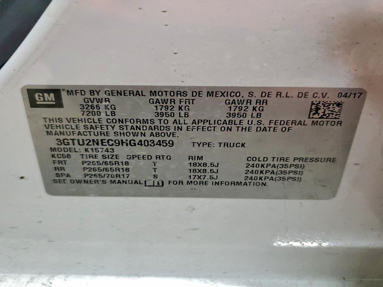 2017 GMC Sierra K1500 Slt VIN: 3GTU2NEC9HG403459 Lot: 93966485