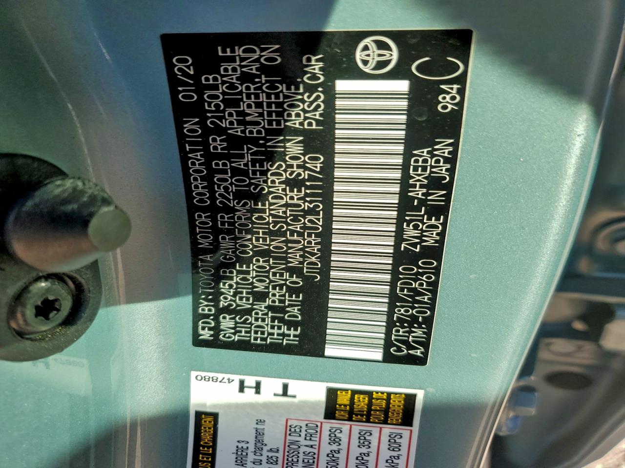 2020 Toyota Prius L VIN: JTDKARFU2L3111740 Lot: 96416525