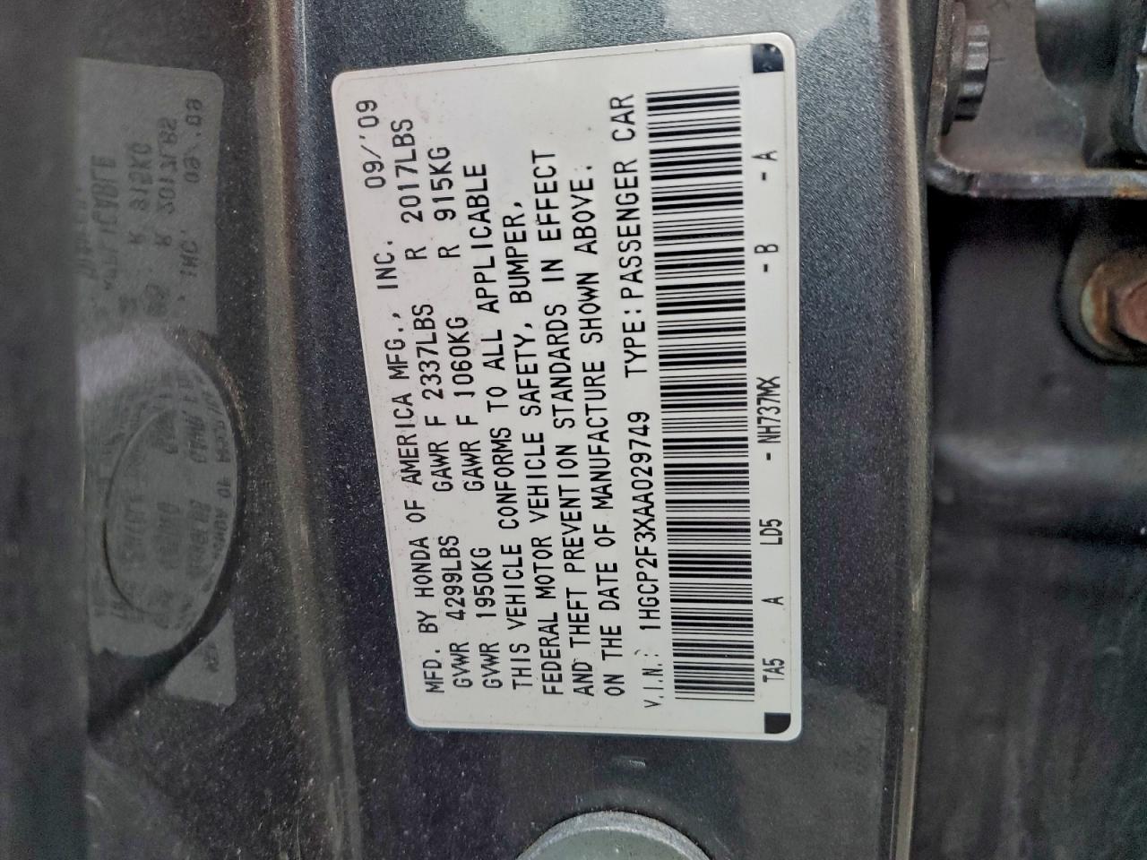 2010 Honda Accord Lx VIN: 1HGCP2F3XAA029749 Lot: 94752775