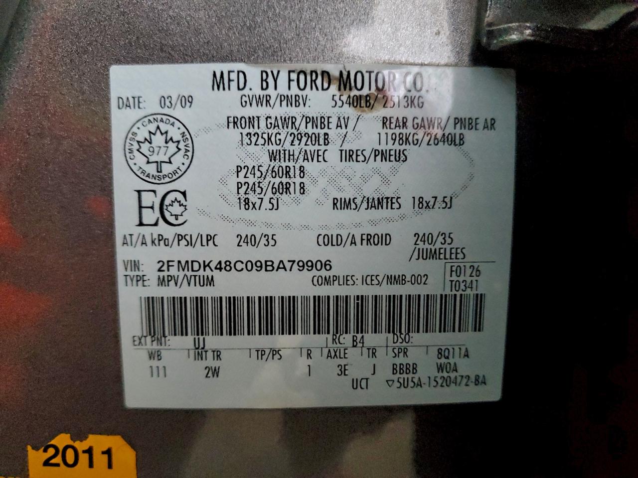 2009 Ford Edge Sel VIN: 2FMDK48C09BA79906 Lot: 94362825