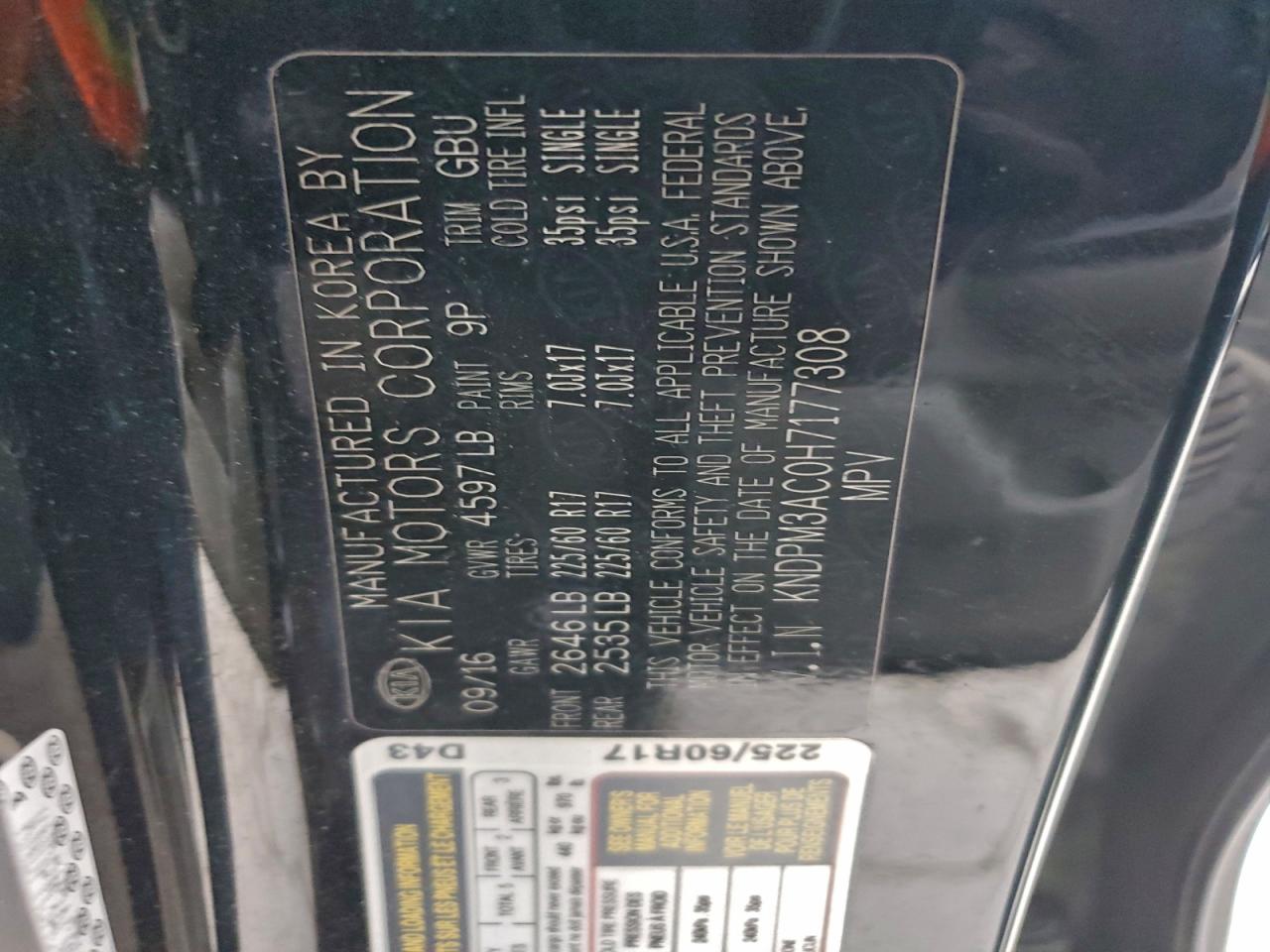 2017 Kia Sportage Lx VIN: KNDPM3AC0H7177308 Lot: 95938315