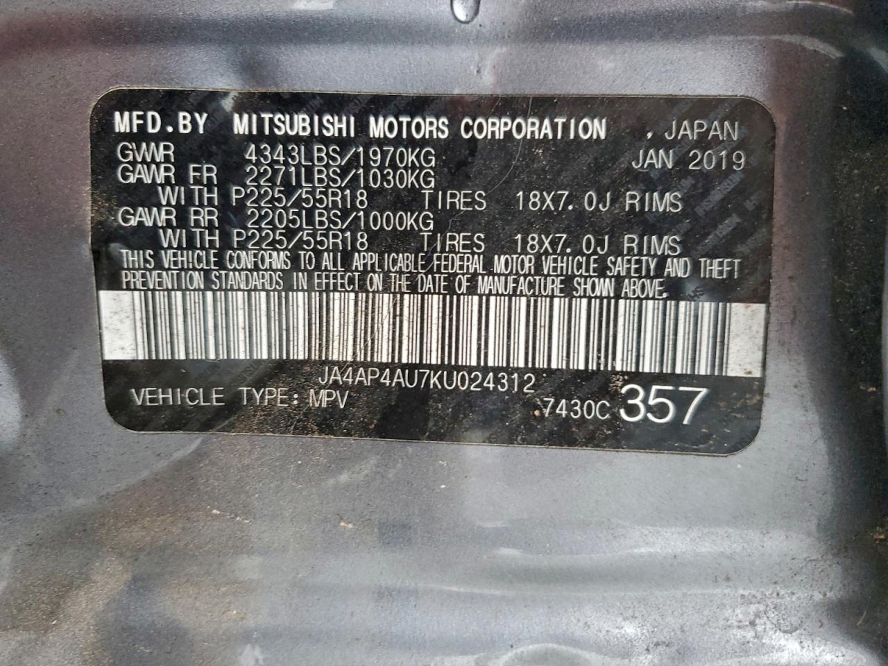 2019 Mitsubishi Outlander Sport Se VIN: JA4AP4AU7KU024312 Lot: 94875115