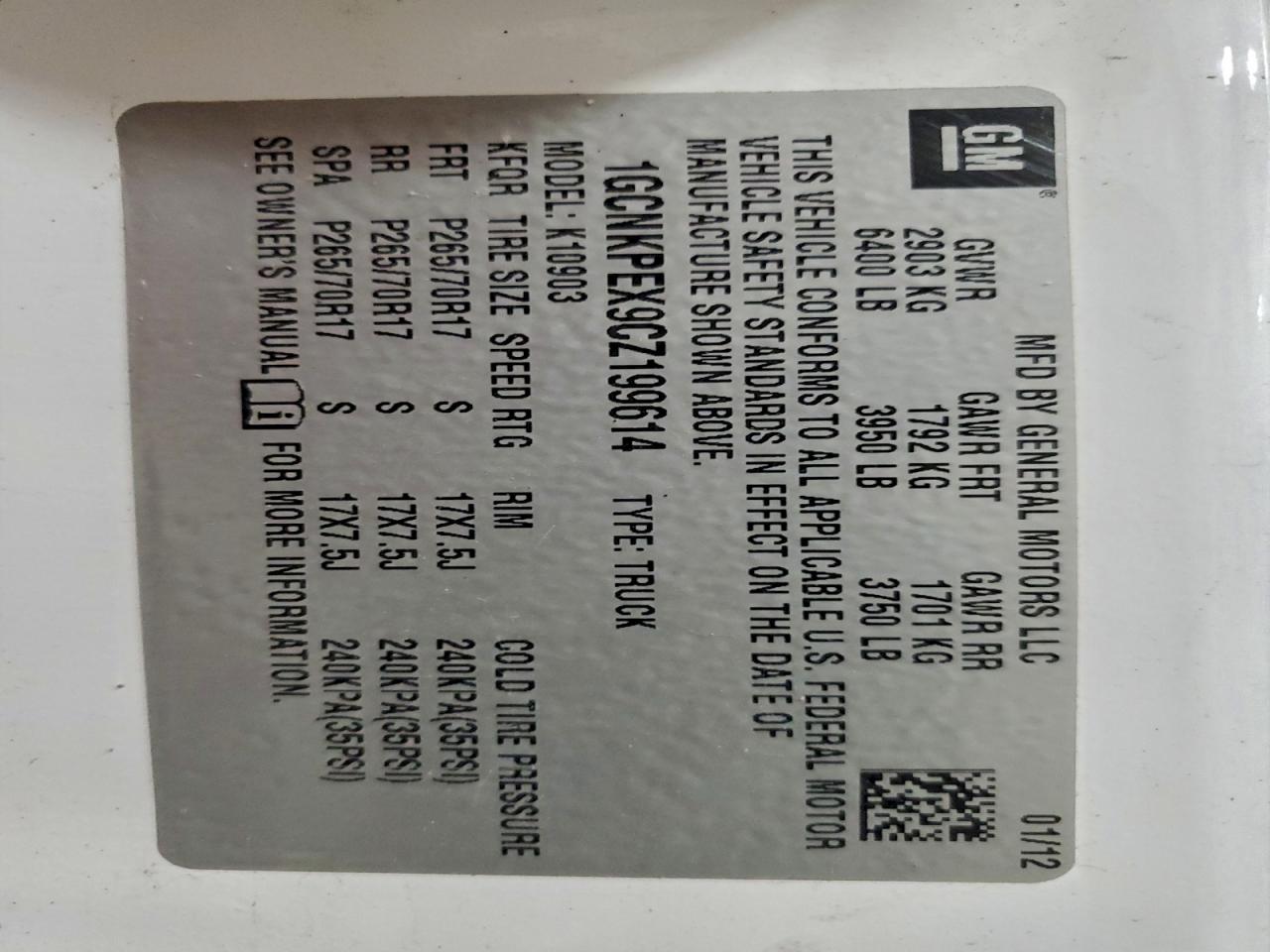 2012 Chevrolet Silverado K1500 VIN: 1GCNKPEX9CZ199614 Lot: 96969915