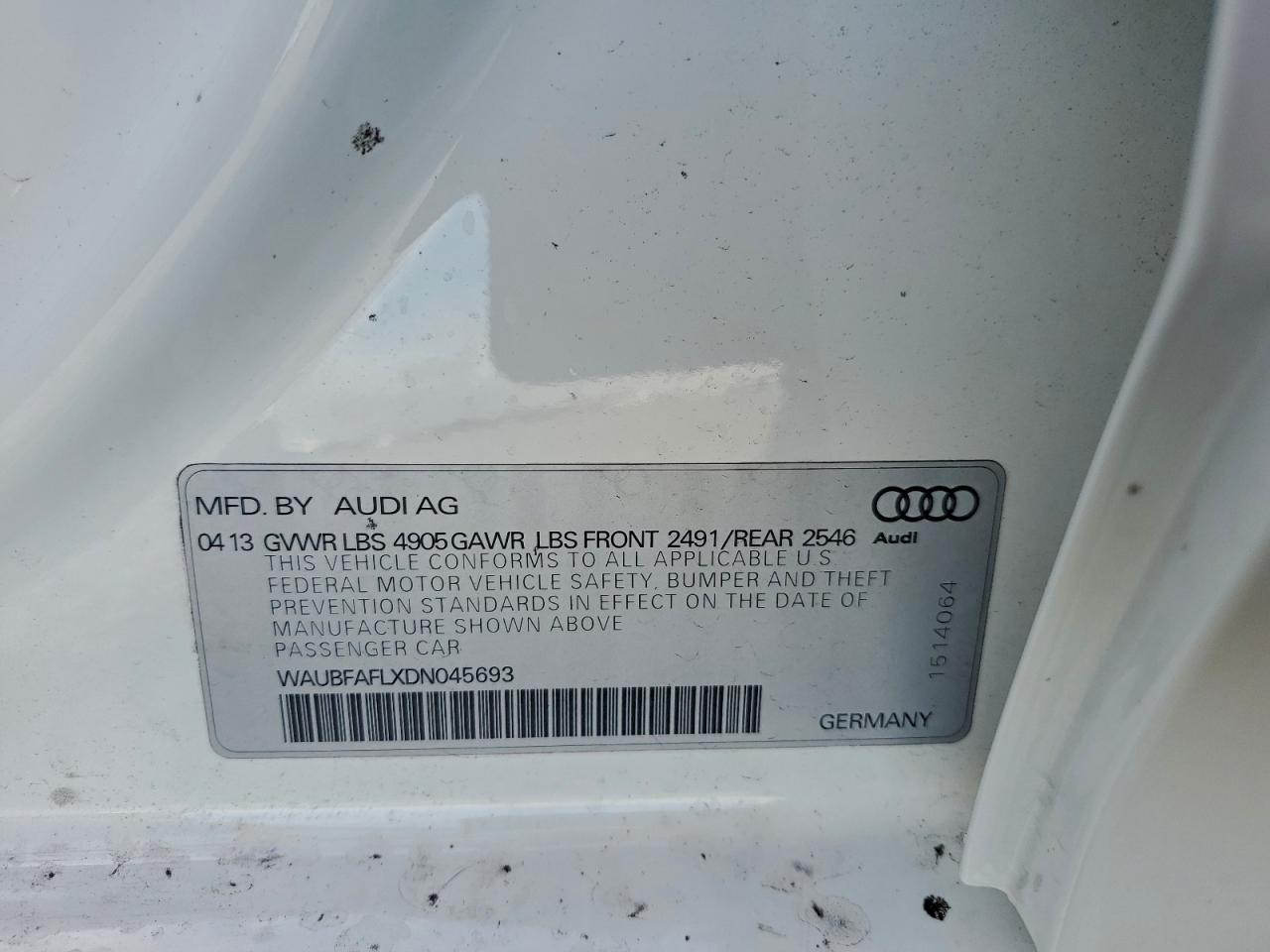 2013 Audi A4 Premium VIN: WAUBFAFLXDN045693 Lot: 96220535