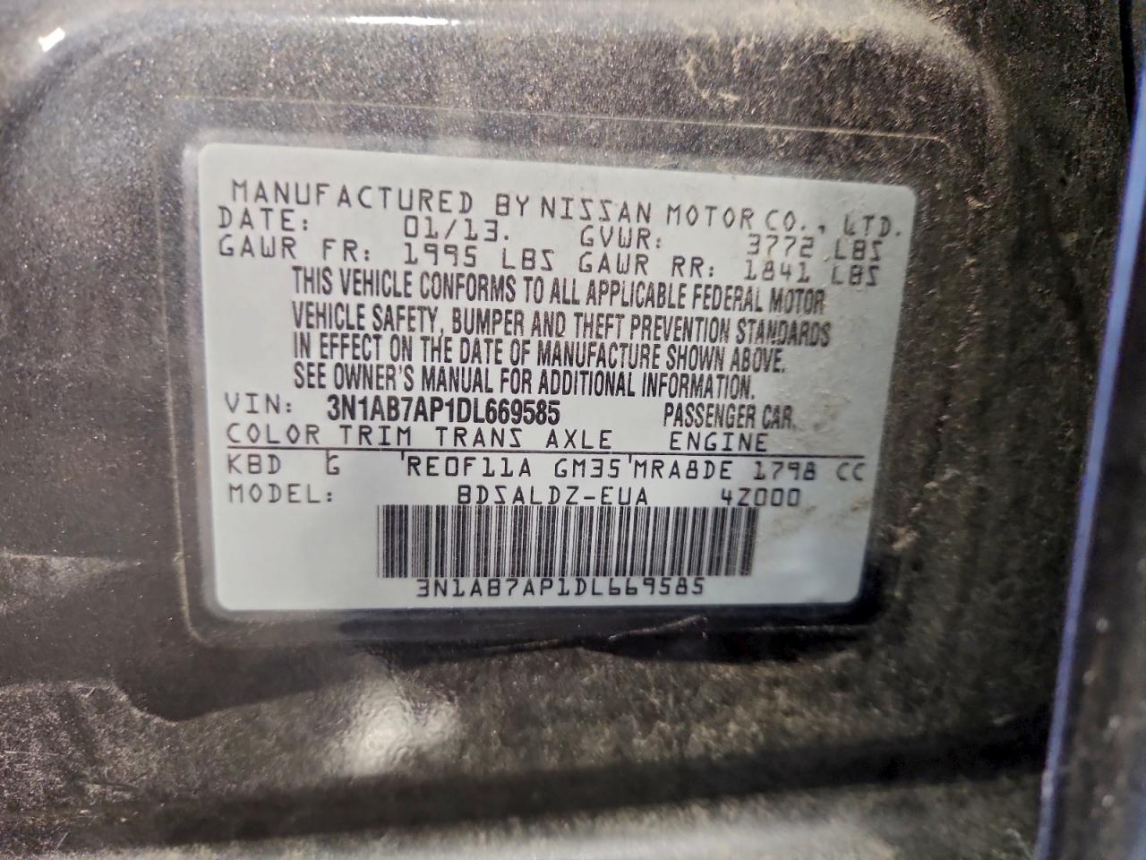 2013 Nissan Sentra S VIN: 3N1AB7AP1DL669585 Lot: 95651965