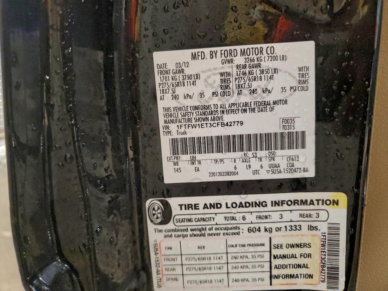 2012 Ford F150 Supercrew VIN: 1FTFW1ET3CFB42779 Lot: 95203235