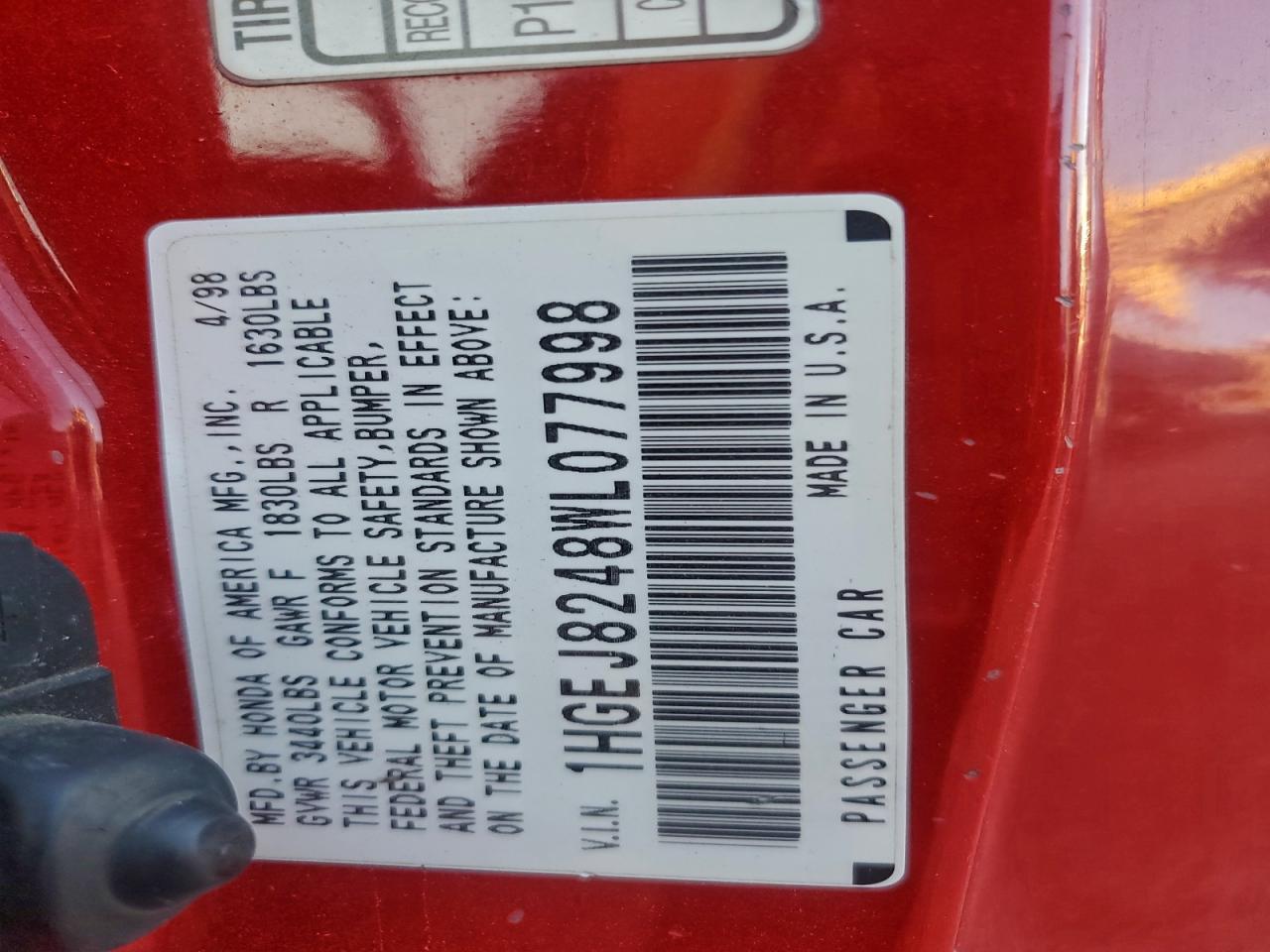 1998 Honda Civic Ex VIN: 1HGEJ8248WL077998 Lot: 94709805