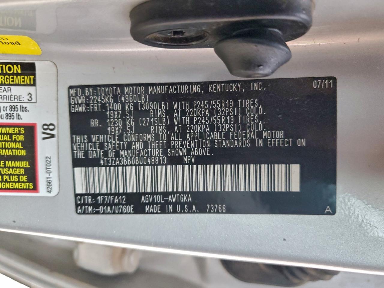 2011 Toyota Venza VIN: 4T3ZA3BB0BU048813 Lot: 95434225