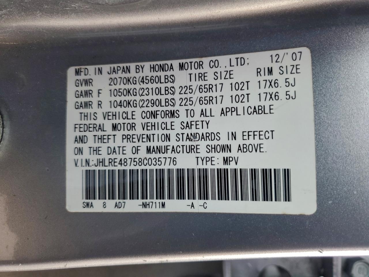 2008 Honda Cr-V Exl VIN: JHLRE48758C035776 Lot: 94318445