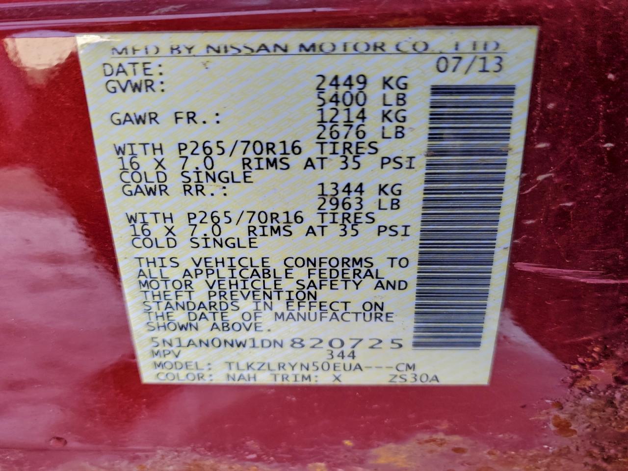 2013 Nissan Xterra X VIN: 5N1AN0NW1DN820725 Lot: 95187535