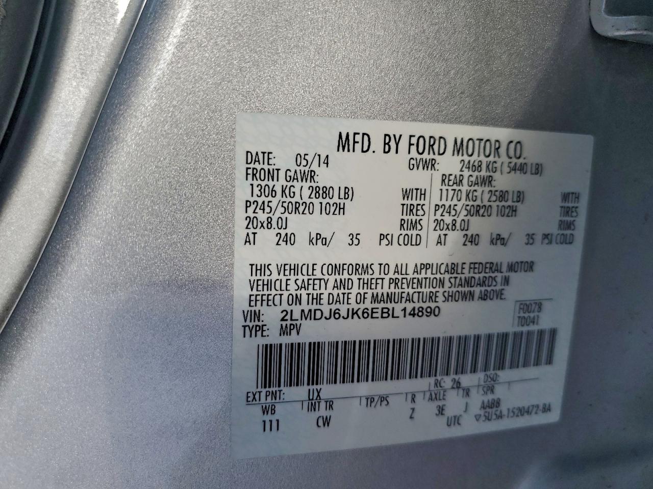 2014 Lincoln Mkx VIN: 2LMDJ6JK6EBL14890 Lot: 94258915