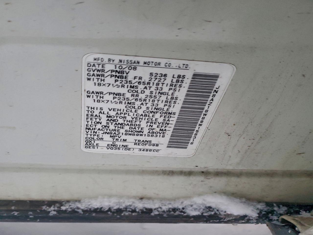 2009 Nissan Murano S VIN: JN8AZ18W89W158318 Lot: 94700365