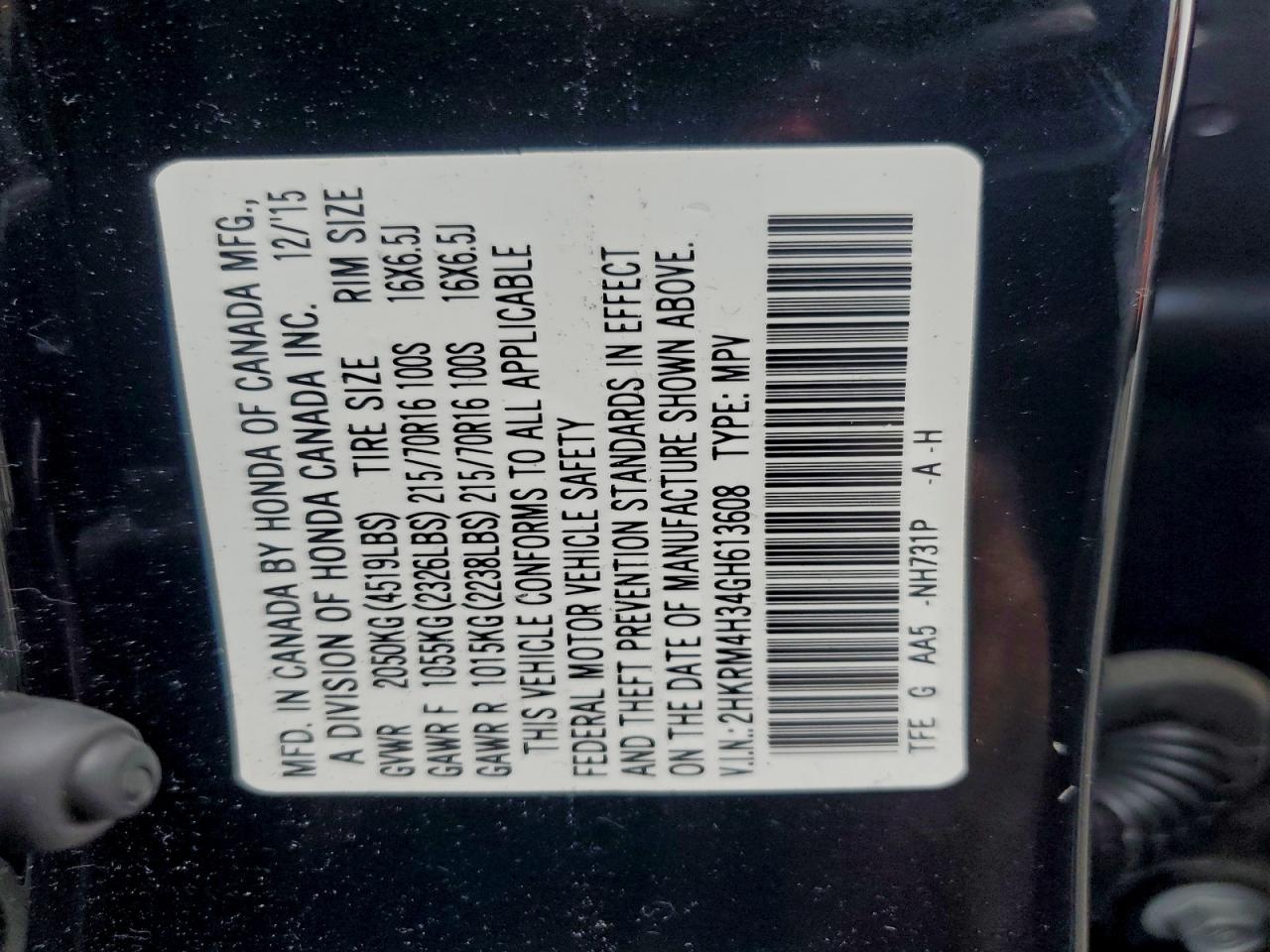 2016 Honda Cr-V Lx VIN: 2HKRM4H34GH613608 Lot: 94936435