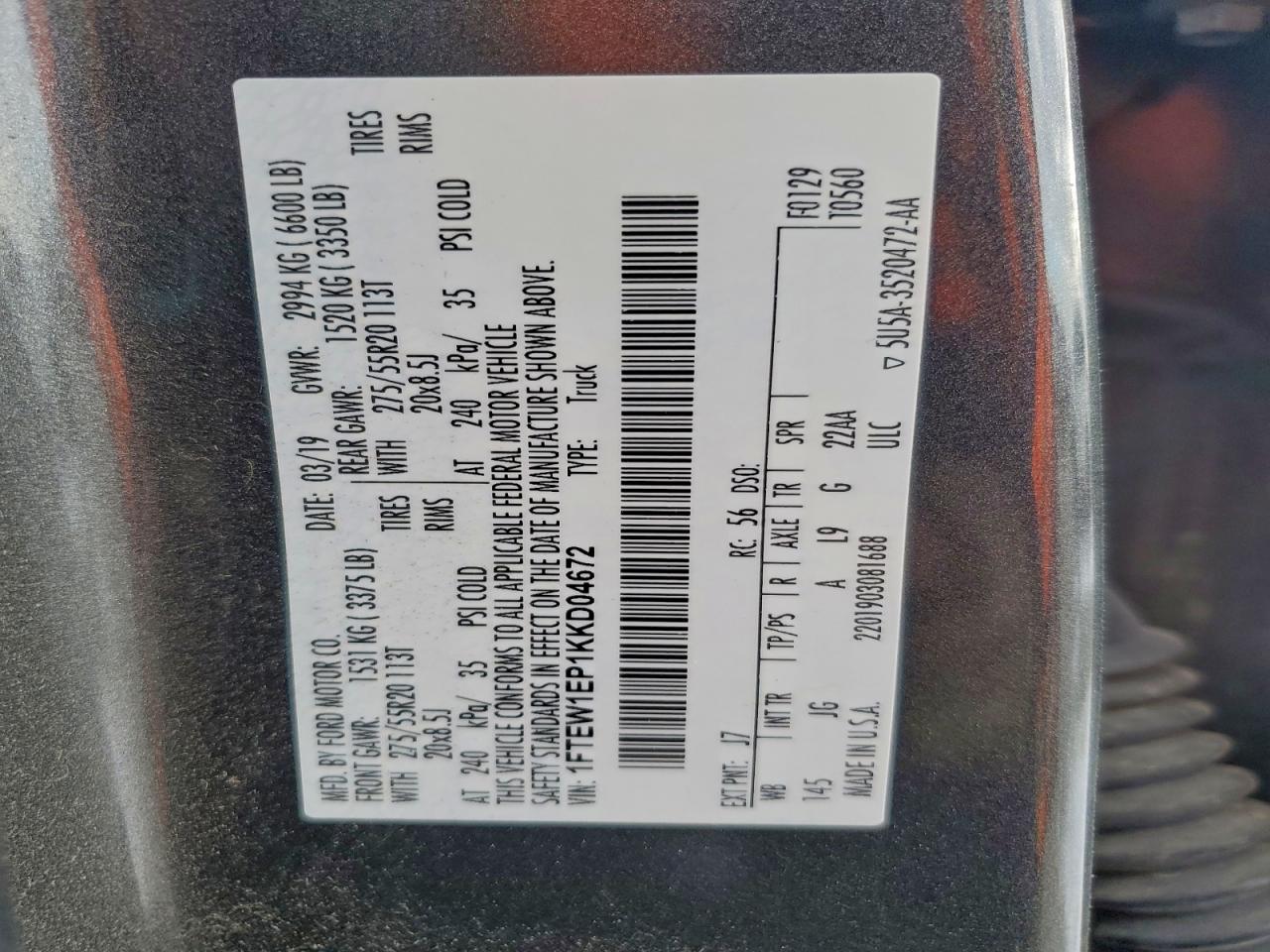 2019 Ford F150 Supercrew VIN: 1FTEW1EP1KKD04672 Lot: 95752275