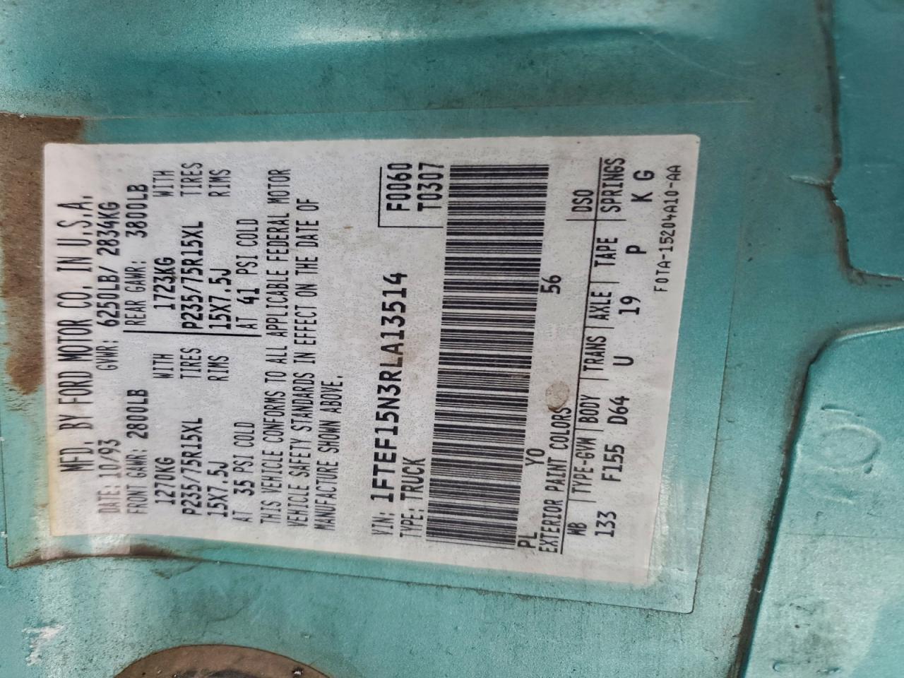 1994 Ford F150 VIN: 1FTEF15N3RLA13514 Lot: 94755945