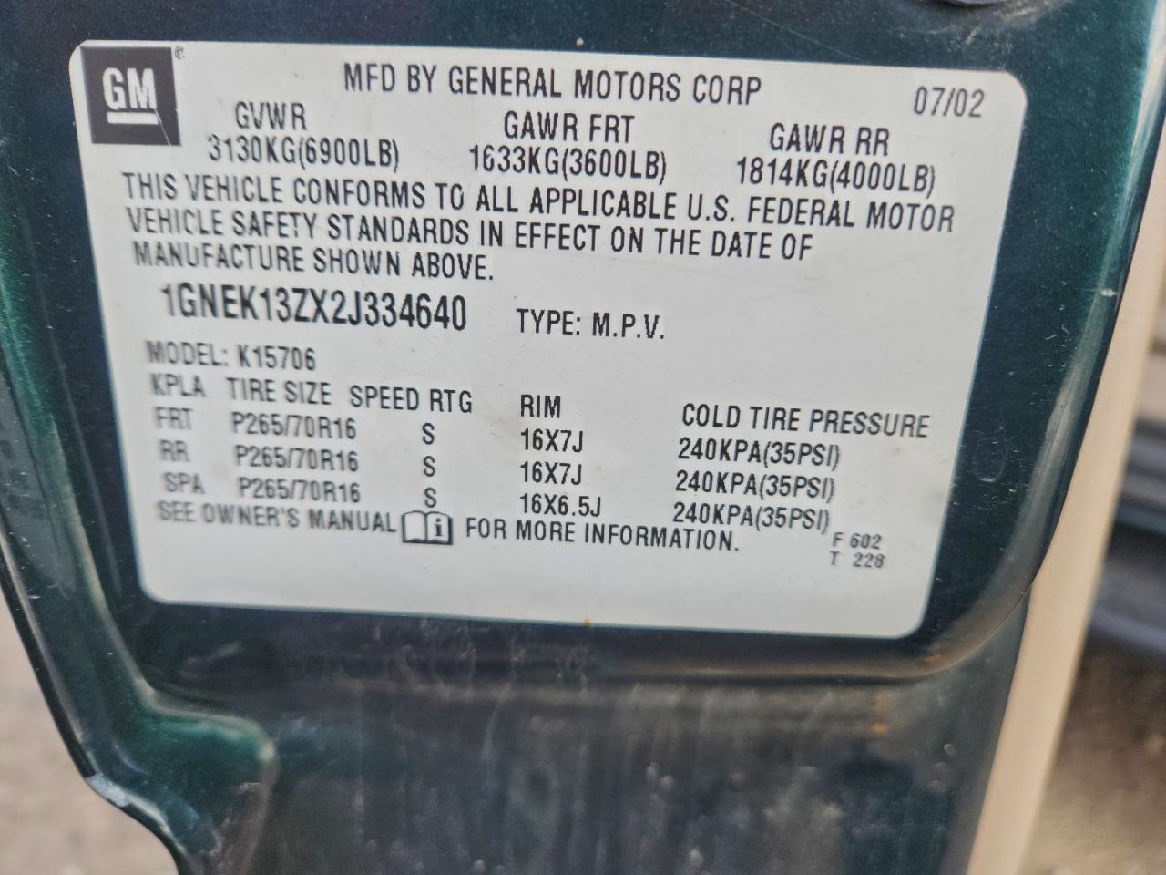 2002 Chevrolet Tahoe K1500 VIN: 1GNEK13ZX2J334640 Lot: 95347455