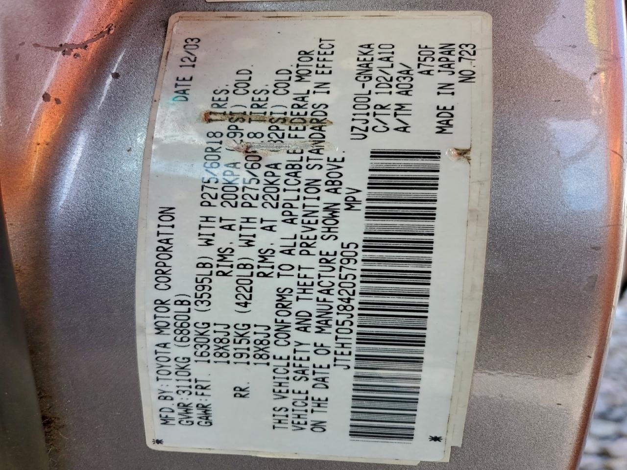 2004 Toyota Land Cruiser VIN: JTEHT05J842057905 Lot: 94392115