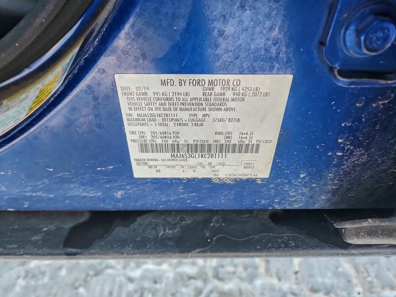 2019 Ford Ecosport Se VIN: MAJ6S3GL1KC281111 Lot: 95875055