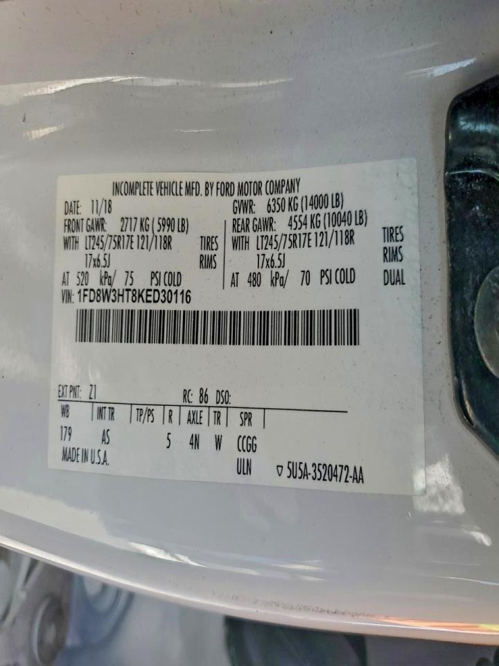 2019 Ford F350 Truck Cab And Chassis VIN: 1FD8W3HT8KED30116 Lot: 96615445