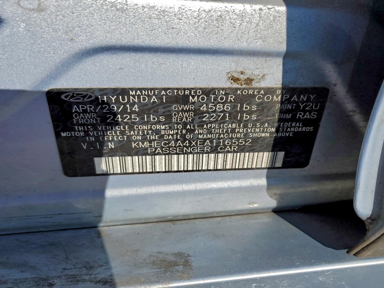 2014 Hyundai Sonata Hybrid VIN: KMHEC4A4XEA116552 Lot: 94685345