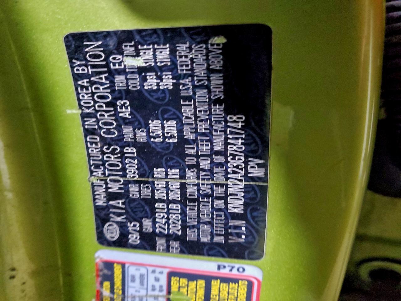 2016 Kia Soul VIN: KNDJN2A23G7841748 Lot: 94882465