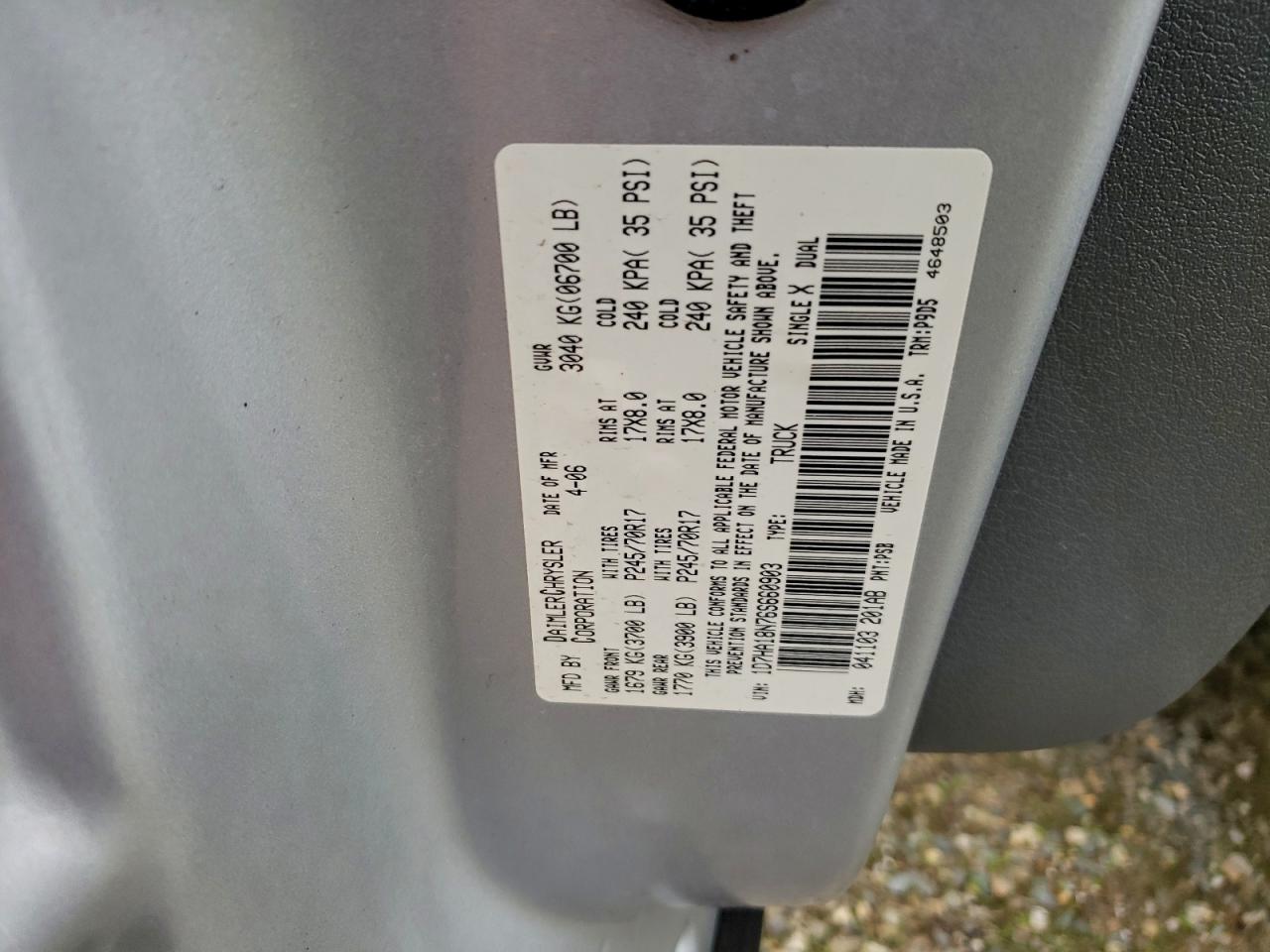 2006 Dodge Ram 1500 St VIN: 1D7HA18N76S660903 Lot: 96009655